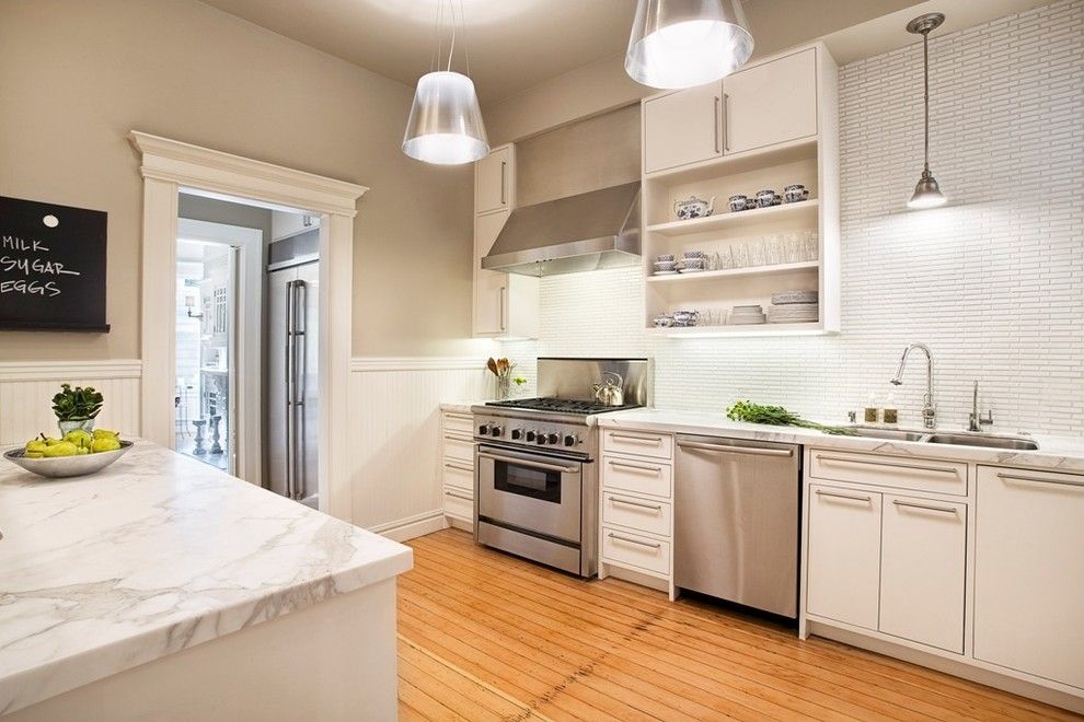 How to Get Rid of Popcorn Ceilings for a Contemporary Kitchen with a Soft Wood Floor and Ashbury by Designpad Architecture    Patrick Perez Architect