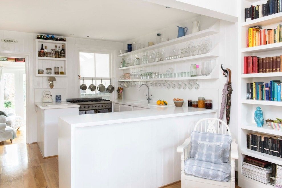 How to Hang Floating Shelves for a Beach Style Kitchen with a Color Coordinated Books and Whitstable Island Cottage by Whitstable Island Interiors