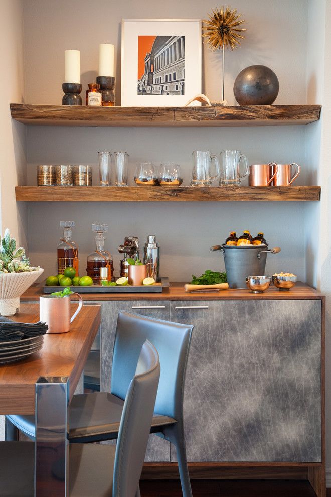 How to Hang Floating Shelves for a Contemporary Home Bar with a Bar and Little Italy Condo by Studio H Design Group, Inc.