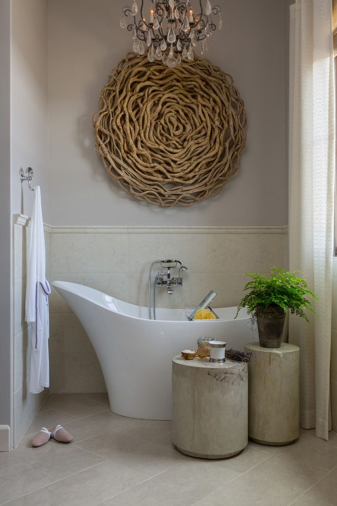 How to Hang Pictures on Plaster Walls for a Transitional Bathroom with a Wall Mounted Tub Filler and Philharmonic House of Design: Master Bathroom Retreat, His, Hers and Coffee Bar by Cindy Smetana Interiors