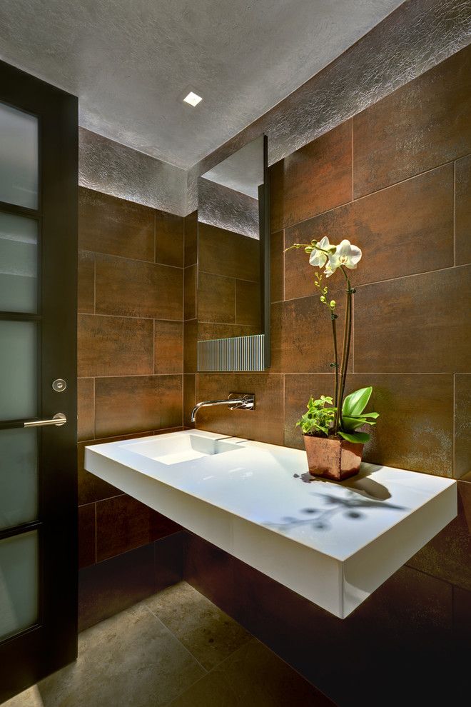 How to Lay Ceramic Tile for a Contemporary Powder Room with a Floating Vanity and Tucson Residence Kitchen by John Senhauser Architects