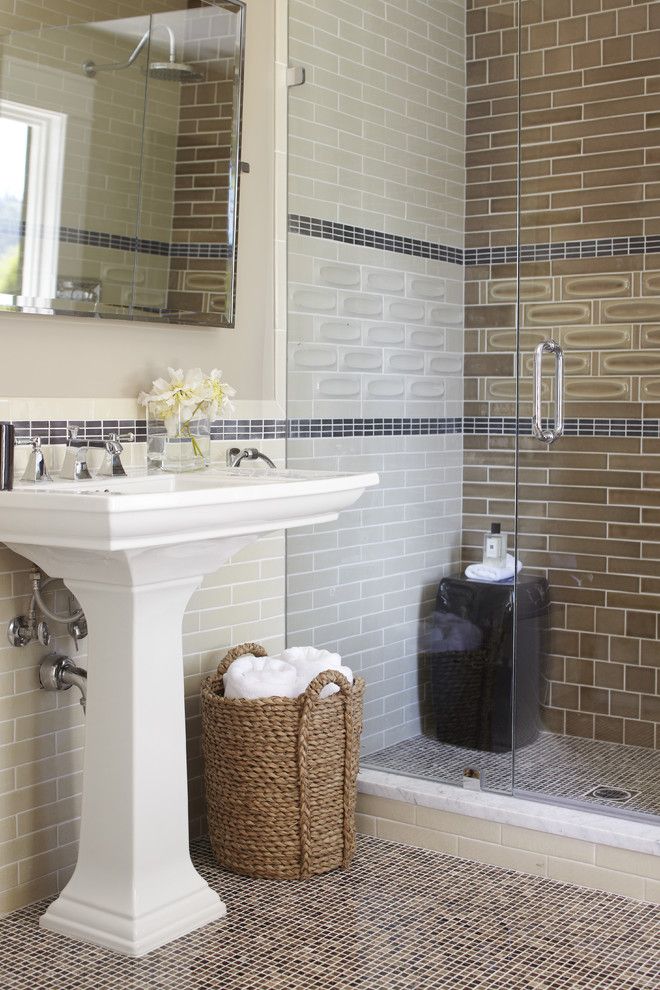 How to Lay Ceramic Tile for a Transitional Bathroom with a White Sink and Mill Valley, Ca by Urrutia Design