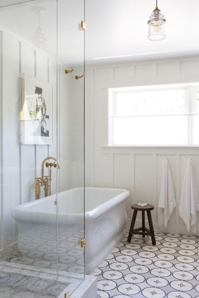 How to Lay Ceramic Tile for a Transitional Bathroom with a Wood Panel and 1930s Church Home Revival by Hsh Interiors