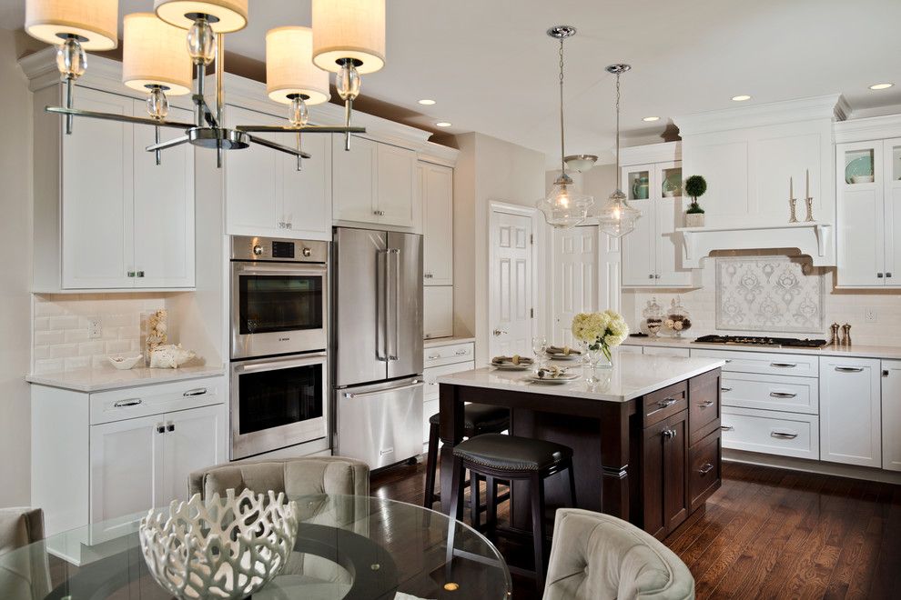 How to Lay Ceramic Tile for a Transitional Kitchen with a Mantle Hood and Transitional White Kitchen by Kitchen and Bath World, Inc