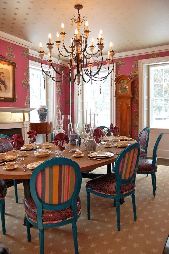 How to Move a Grandfather Clock for a Contemporary Dining Room with a Striped Dining Chair and Historic Estate by Favreau Design