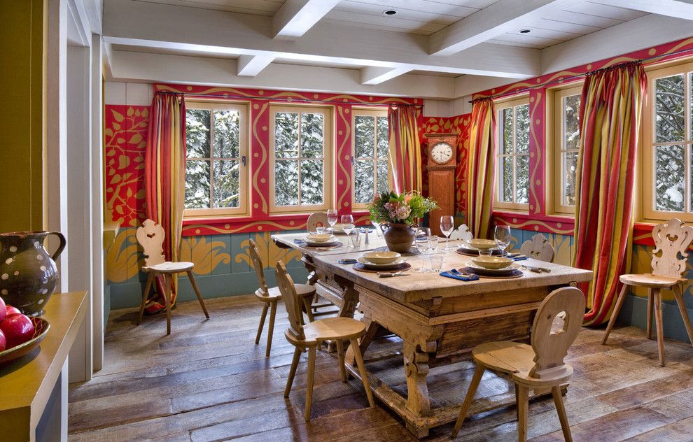 How to Move a Grandfather Clock for a Rustic Dining Room with a Wood Dining Chairs and Alpine Ski Chalet, Norden, California by John Malick & Associates