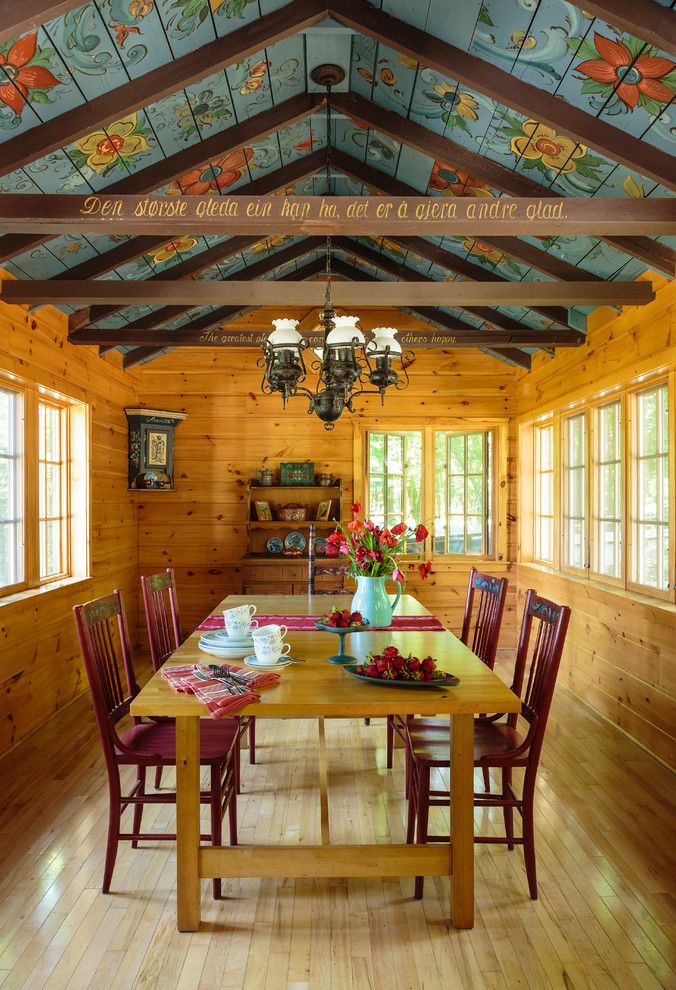 How to Paint a Popcorn Ceiling for a Farmhouse Dining Room with a Wood Dining Table and Brorson Cottage by Virge Temme Architecture Inc