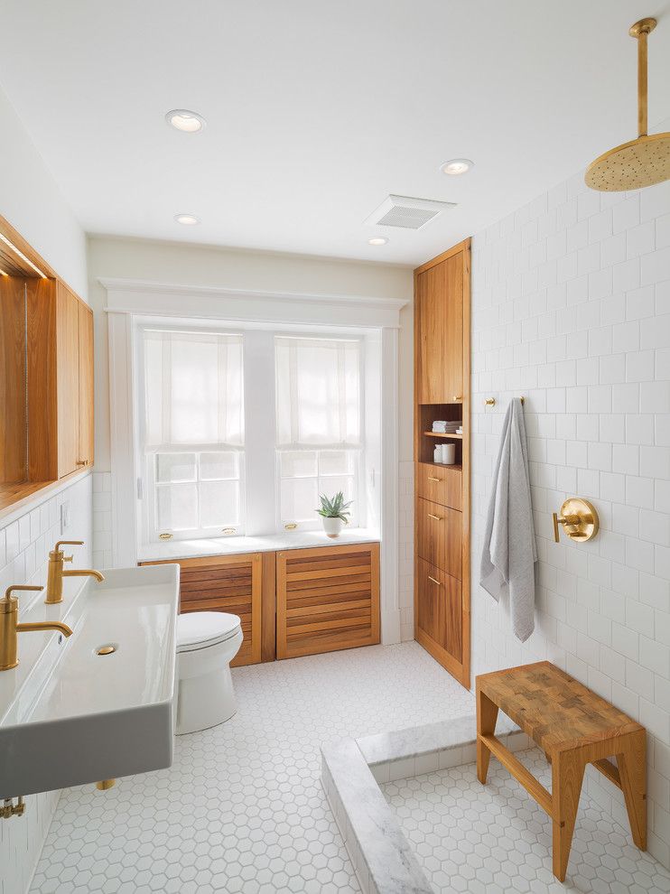 How to Refinish Wood Floors for a Scandinavian Bathroom with a Window Shelf and Pelham Master Bath by Osborne Construction