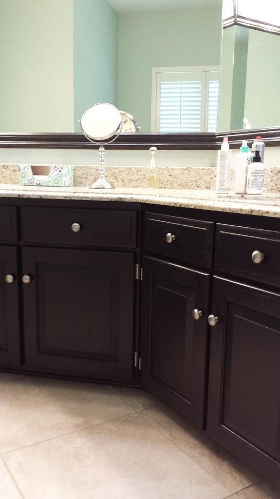 How to Restain Cabinets for a Transitional Bathroom with a Restain Bathroom Cabinets and Bathroom Vanity by Davis Creative Painting, Llc