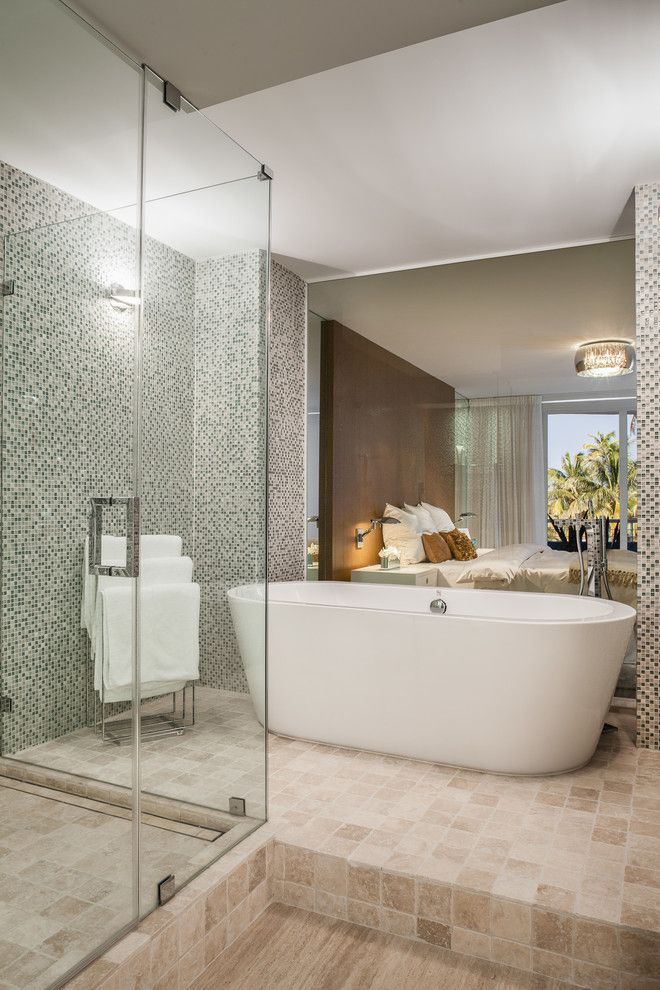 How to Unclog a Bathtub Drain for a Contemporary Bathroom with a Gray Mosaic Tile Wall and Ocean Drive Condo by 2id Interiors