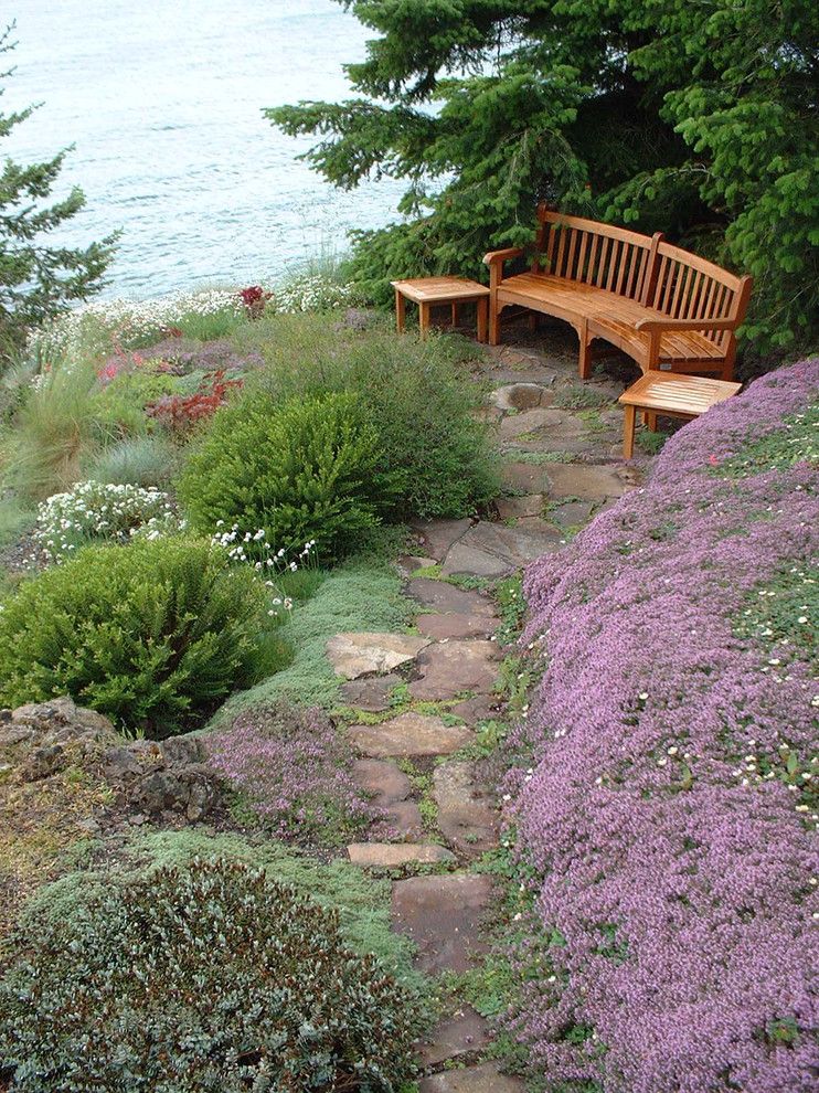 Howard Hill Furniture for a Beach Style Landscape with a Purple Flowers and San Juan Island Waterfront Residence   Project 157 by Island Gardens Company