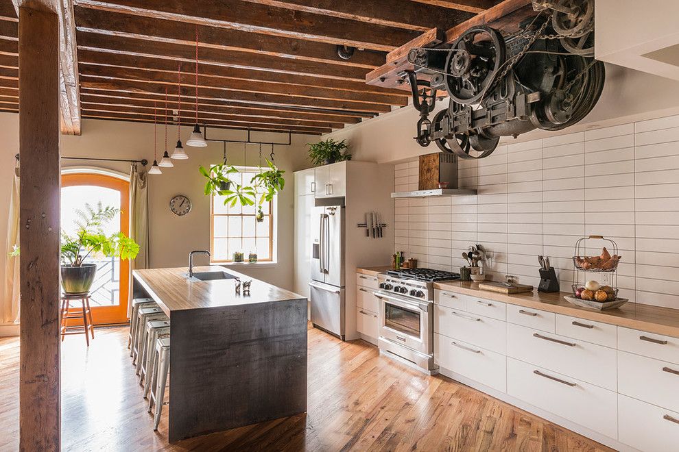 Ikea Dishwasher for a Industrial Kitchen with a Beamed Ceiling and Pickle Factory by Bright Common Architecture & Design