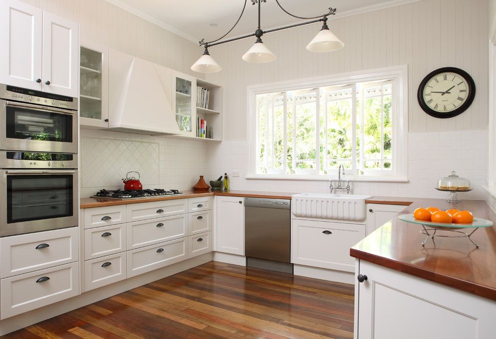 Ikea Dishwasher for a Transitional Kitchen with a Wood Counters and Contempory Colonial by Kim Duffin for Sublime Architectural Interiors