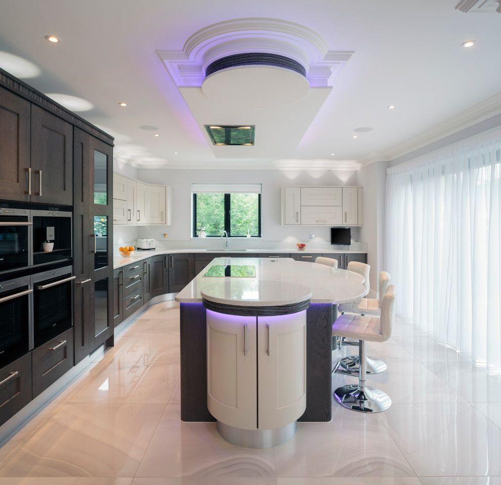 Ikea Led Bulbs for a Contemporary Kitchen with a Recessed Lighting and Tate Anthracite and Mussel Oak with Black & White Zebrano by Stoneham Kitchens