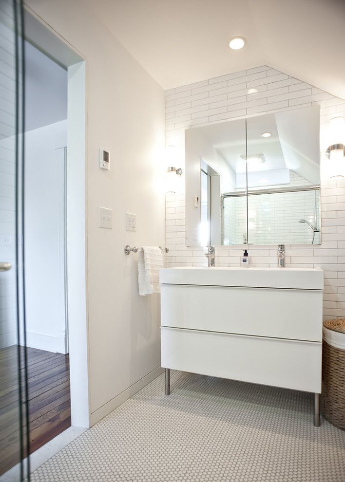 Ikea Led Bulbs for a Modern Bathroom with a Sconce and Modern Bathroom Vanity by Rock Paper Hammer