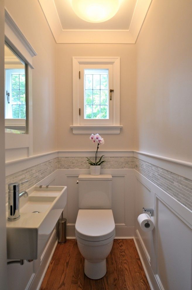 Ikea Led Bulbs for a Traditional Powder Room with a Wood Floor and Powder Room Renewal   by Design Cube Inc.