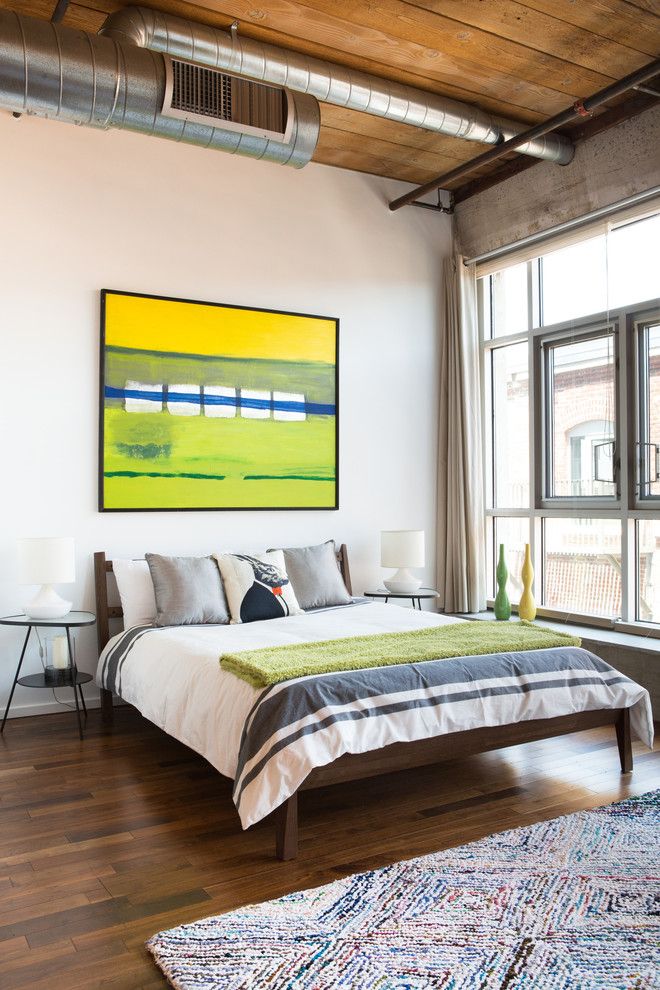 Ikea Malm Bed Frame for a Industrial Bedroom with a Area Rug and Loft # 2, Downtown Los Angeles by Modiano Design