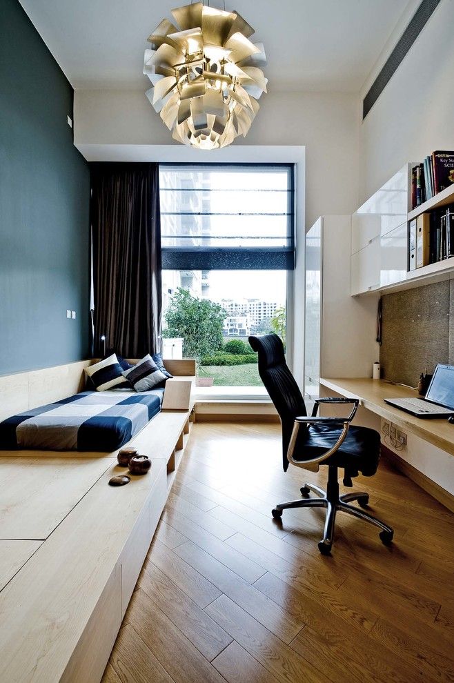 Ikea Slatted Bed Base for a Contemporary Home Office with a White Cabinets and Mix with Vintage by Ample Design