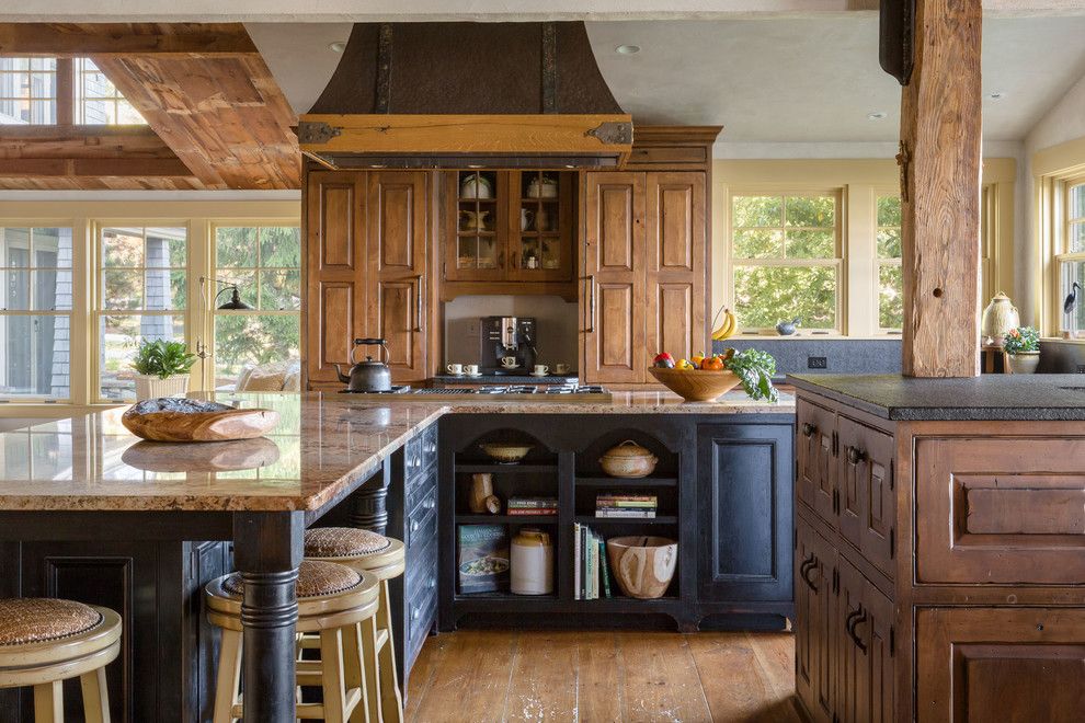 Installing a Wood Stove for a Farmhouse Kitchen with a Weathered Wood and Maine Cottage   Weinrich Residence by Denise Stringer Interior Design