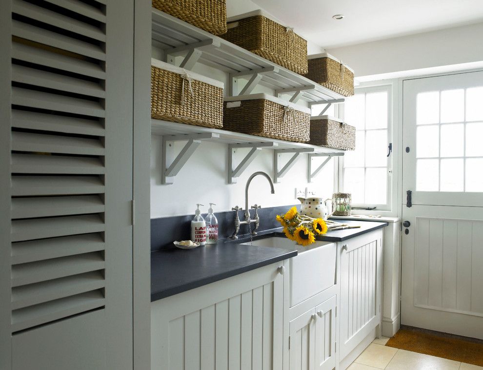 Installing Laminate Countertops for a Farmhouse Laundry Room with a Butler Sink and Beaulieu House by the Sea by Stephanie Dunning Interior Design