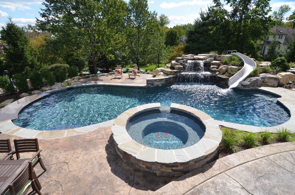 Interfab for a Traditional Pool with a Waterslide and Upper Saucon Pool with Waterslide and Swim Up Bar by Monogram Custom Pools (610)282 0235