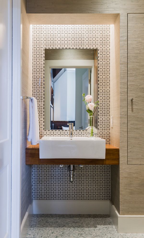 Jackson and Coker for a Modern Powder Room with a Tile Bathroom Wall and Back Bay by Annie Hall Interiors