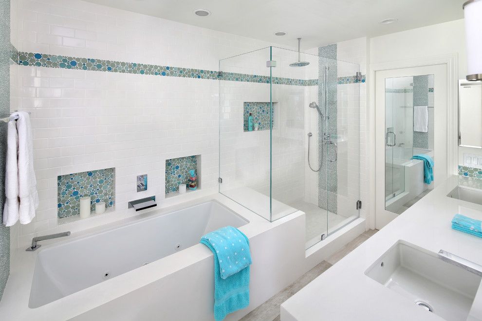 Jatoba for a Contemporary Bathroom with a 3x6 Subway Tile and Contemporary Girls Bathroom by Melinamade Interiors
