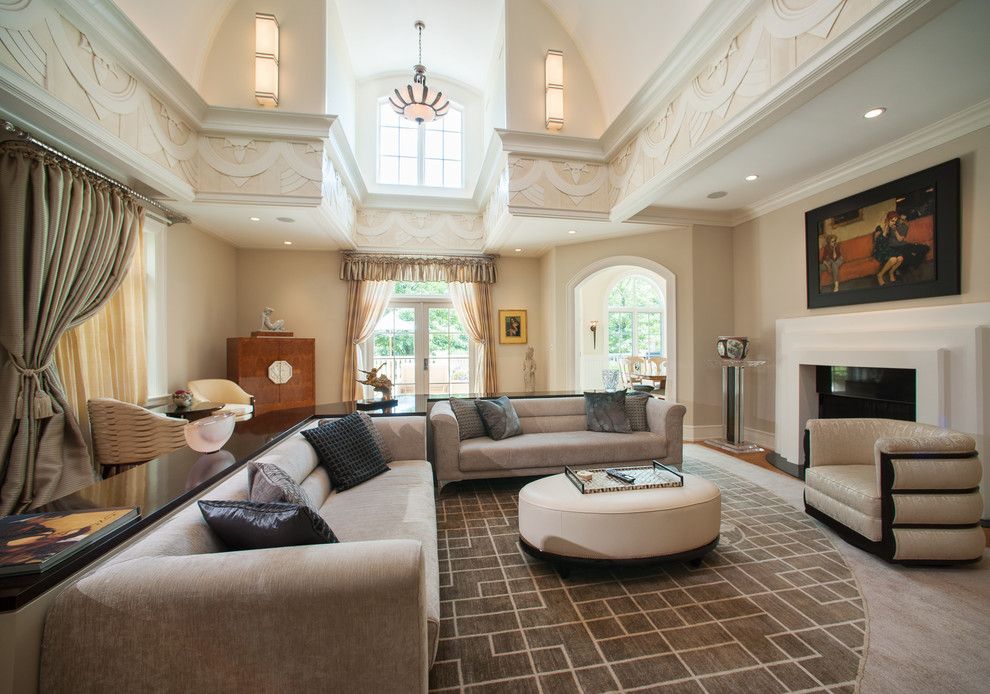 Jemco for a Contemporary Family Room with a Vaulted Ceiling and Art Deco Spectacular by Jay Greene Photography