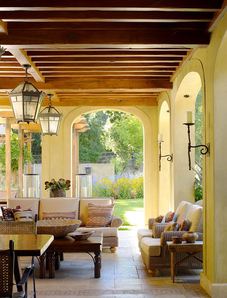 Jewish Candle Holder for a Mediterranean Porch with a Wicker Fabric Furniture and Woodside Residence by Gordon + Greineder