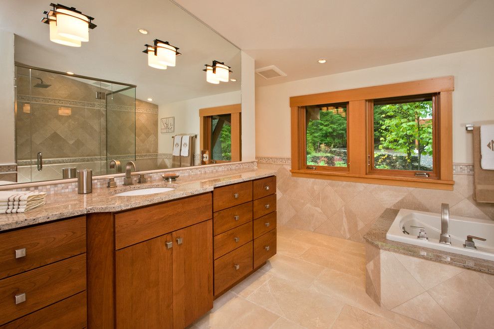 J&k Cabinetry for a Contemporary Bathroom with a Master Bath and Lake Luzerne House by Phinney Design Group