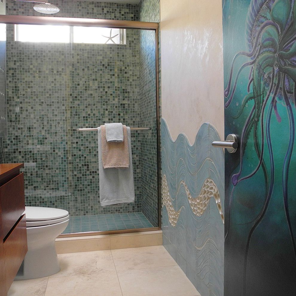 Jolee for a Modern Bathroom with a Handmade Ceramic Tile and Custom Ceramic Tile and Jellyfish Door by Wabisabi Green