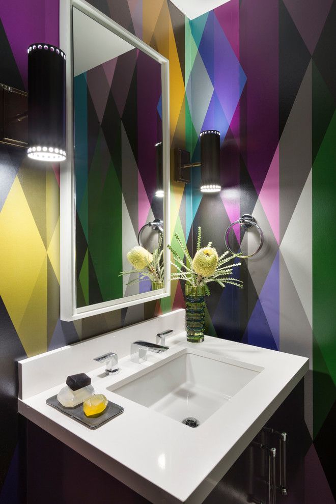 Kaleidoscope Atlanta for a Contemporary Powder Room with a White Countertop and Bold & Colorful Powder Room by Ann Lowengart Interiors