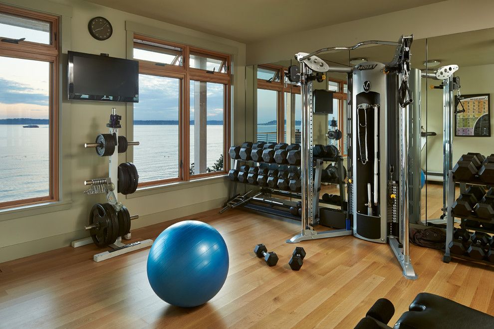 Kb Homes Reviews for a Beach Style Home Gym with a Black Weight Station and Harbor House by Schultz Miller Inc.