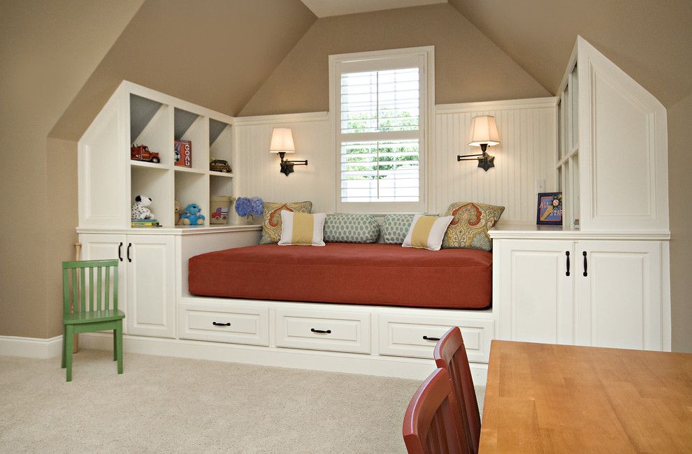 King Size Pillow Dimensions for a Traditional Kids with a Sloped Ceiling and Bonus Room / Guest Room by Driggs Designs