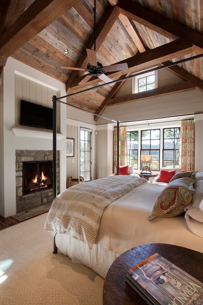 Lake Glenville Nc for a Rustic Bedroom with a Wall Mounted Tv and Reclaimed Natural Wonder by Morgan Keefe Builders, Inc.