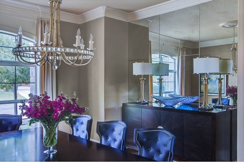 Larkins for a Traditional Dining Room with a Mirrored Wall and Blues by Emily Johnston Larkin