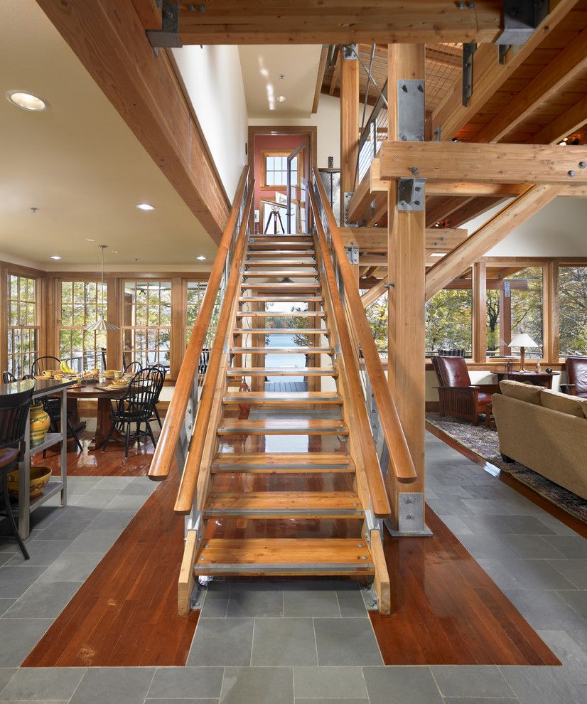 Laying Laminate Flooring for a Modern Staircase with a Open Risers and Lake Ariel Residence by Dxdempsey Architecture