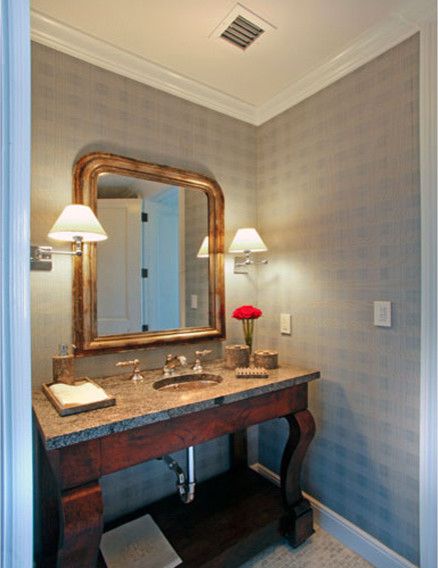 Leaf Cutter Bees for a Traditional Powder Room with a Antique Wood Furniture Vanity with Grani and North Bay Road by Dunagan Diverio Design Group