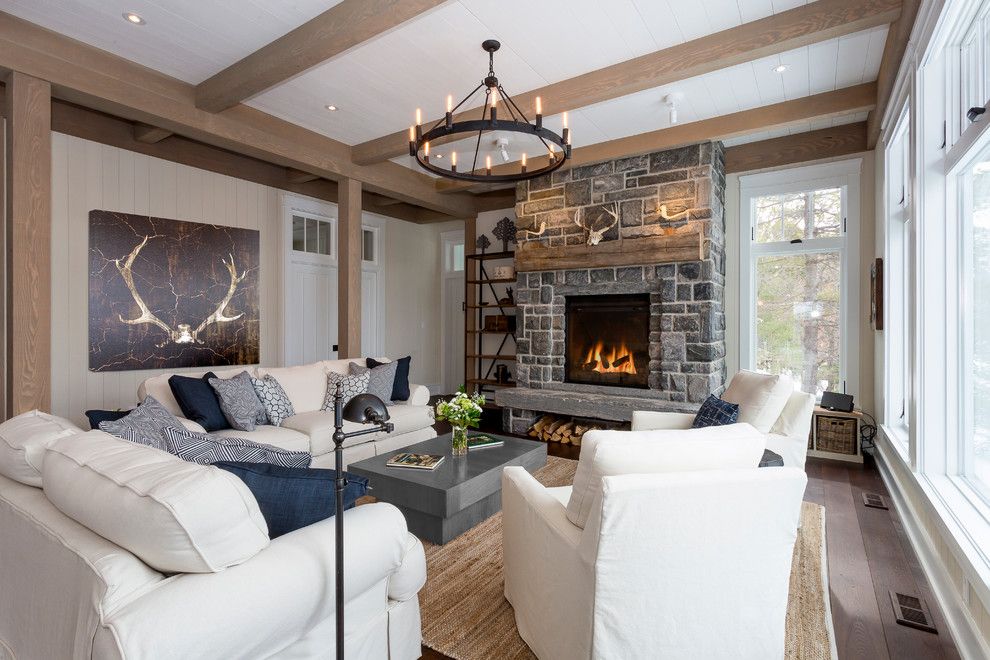 Lightbright for a Rustic Living Room with a Wood Mantel and East Bay Cottage, Lake Muskoka by Sprout Studios