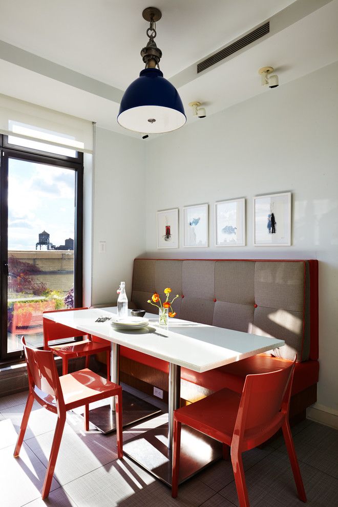 Lightolier for a Contemporary Dining Room with a Blue Barrel Light and Nyc Penthouse by Mario Egozi Architect