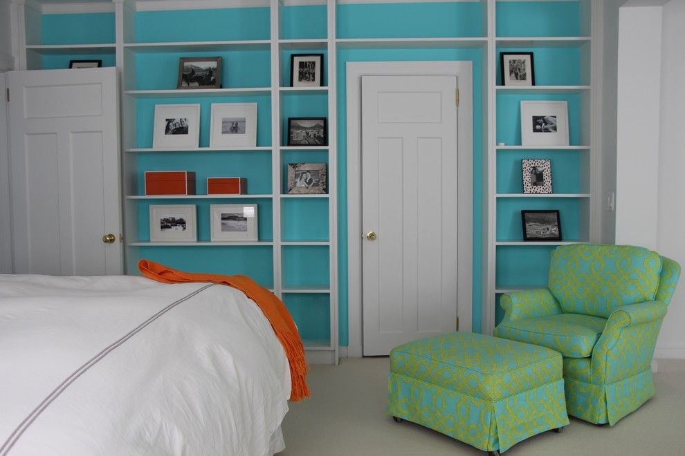 Lilly Pulitzer Designs for a Beach Style Bedroom with a Bookcases and Bedrooms by David Nosella Interior Design