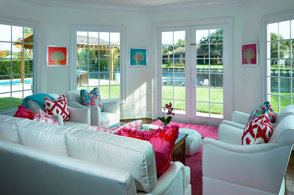 Lilly Pulitzer Designs for a Tropical Sunroom with a Dash Albert and Pink and White Delight by Mineral City