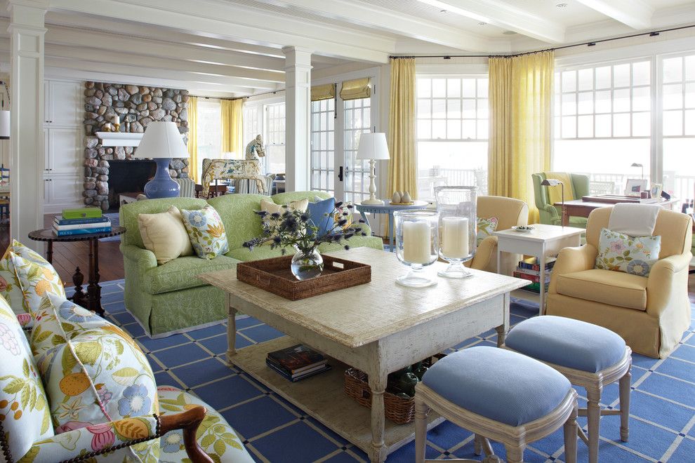 Lime Green Stool for a Beach Style Living Room with a Yellow Chair and Michigan Summer Home by Tom Stringer Design Partners