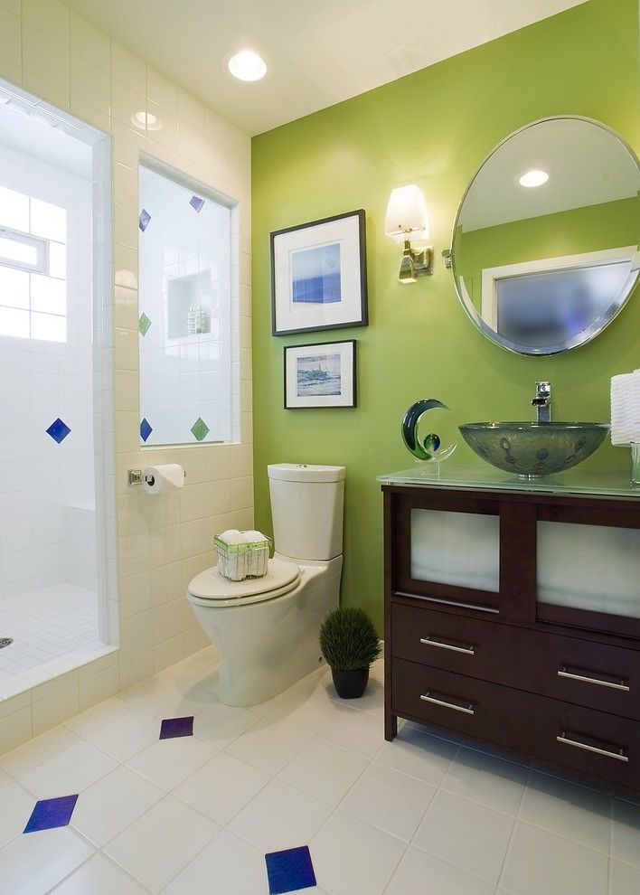 Lime Green Stool for a Contemporary Bathroom with a Guest Bathroom and Clean Lines, Bold Color by Suzan J Designs   Decorating Den Interiors