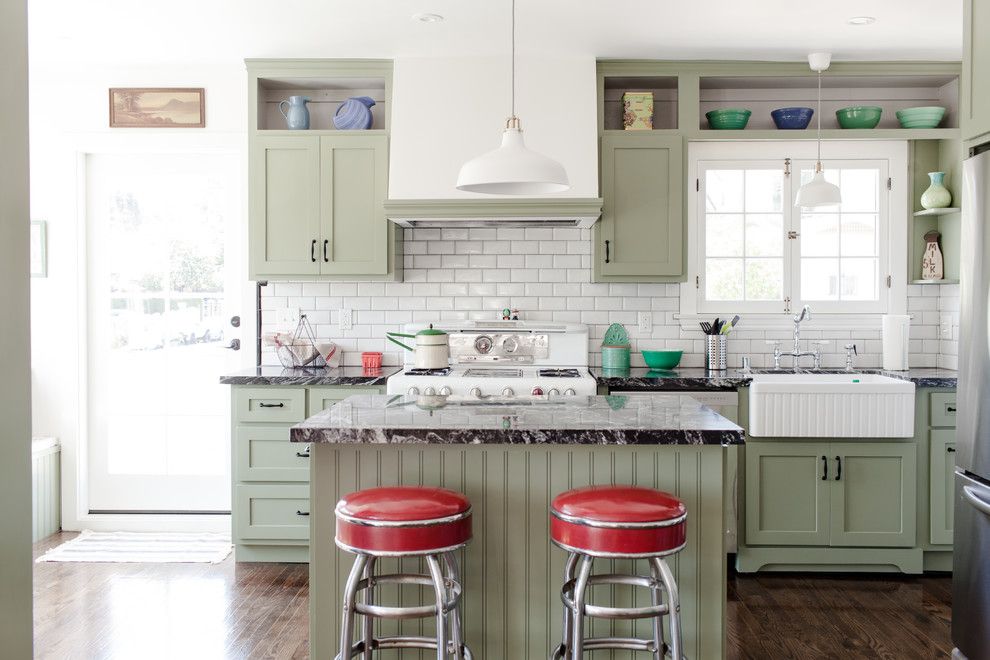 Lime Green Stool for a Traditional Kitchen with a Small Kitchen Island and Highland Park Craftsman by Rubbertreeplant