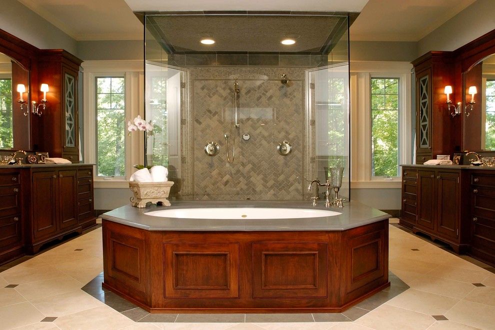 Limestone Grill for a Traditional Bathroom with a Double Shower and Nantucket Stone and Shingle Style Elegance in Lake Forest by Orren Pickell Building Group