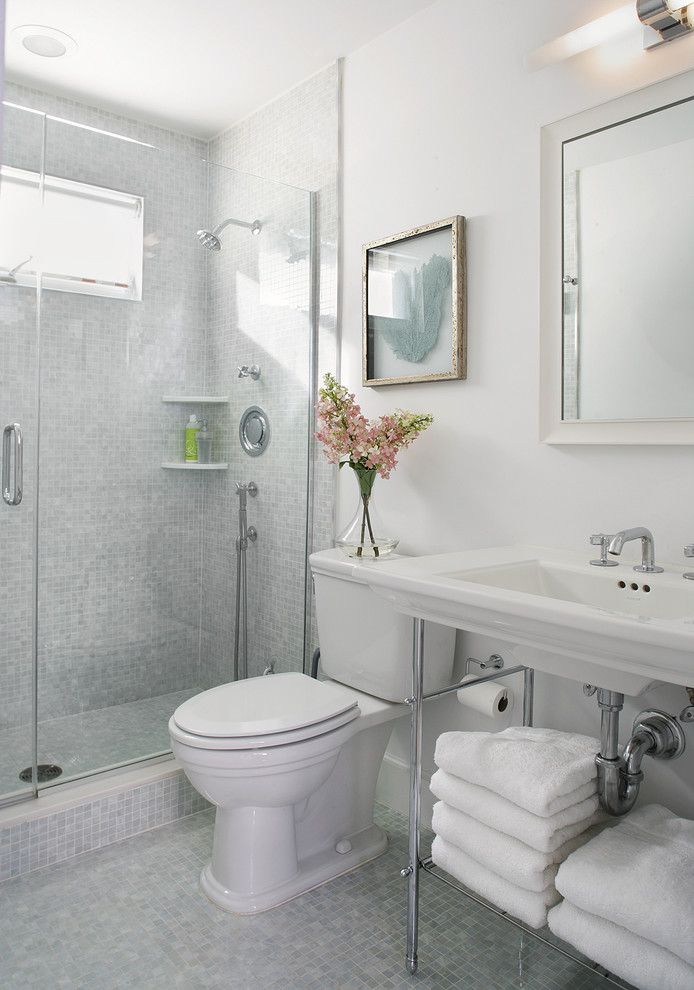 Litin Paper for a Beach Style Bathroom with a Shower Shelf and Bathroom by Sheila Rich Interiors, Llc