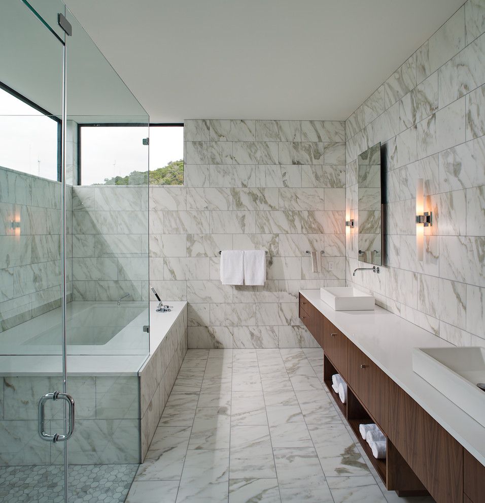 Livex for a Contemporary Bathroom with a Clerestory Widow and 1438 Mount Larson by Moazami Homes