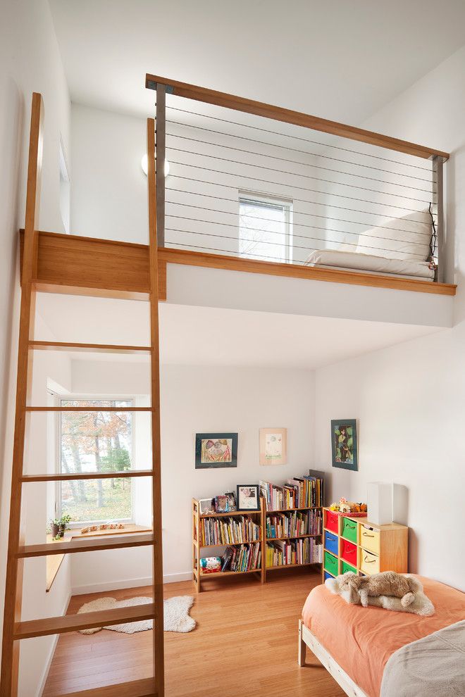 Lofting for a Contemporary Kids with a Colorful Cubbies and Flying Point by Kaplan Thompson Architects