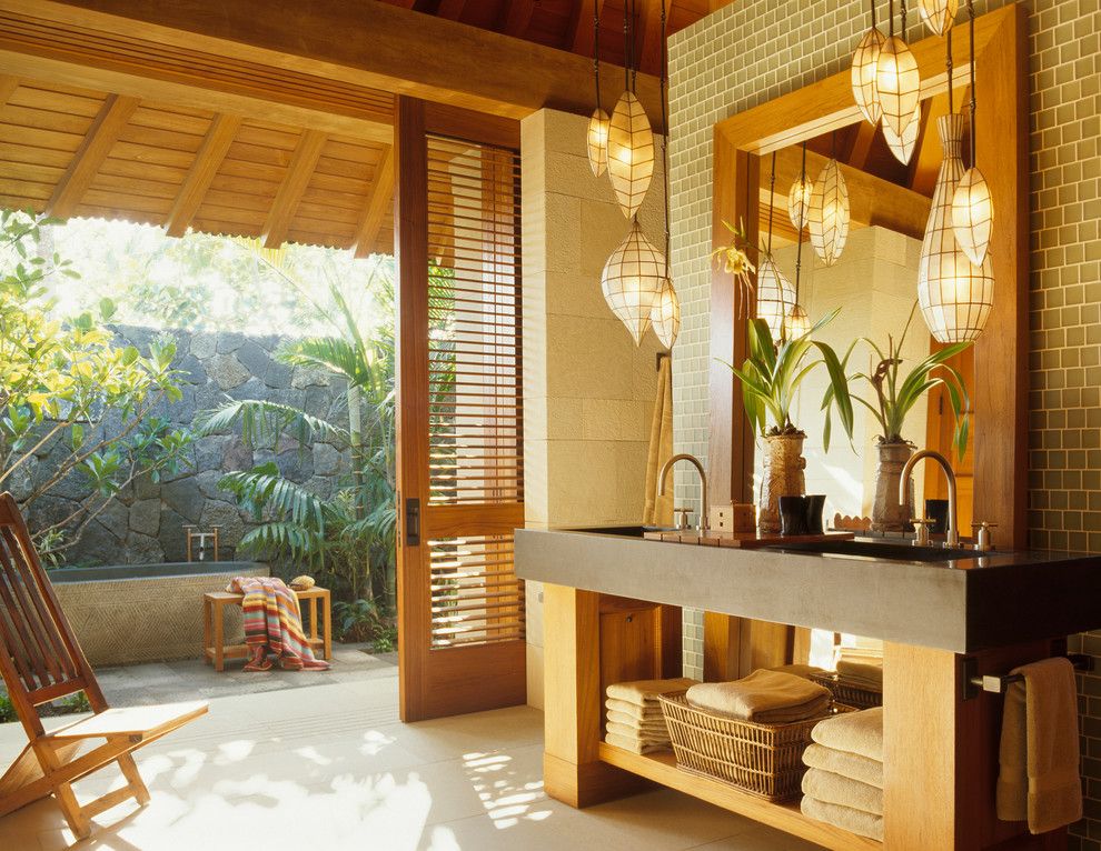 Louvered for a Tropical Bathroom with a Wood Ceiling and Master Bath by Zak Architecture